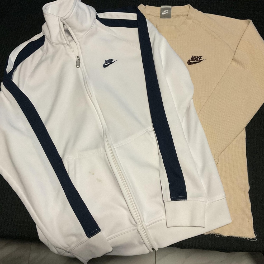 Nike Track Jacket & Thermal Shirt Mens Large White Navy Tan Full Zip Lot Of 2